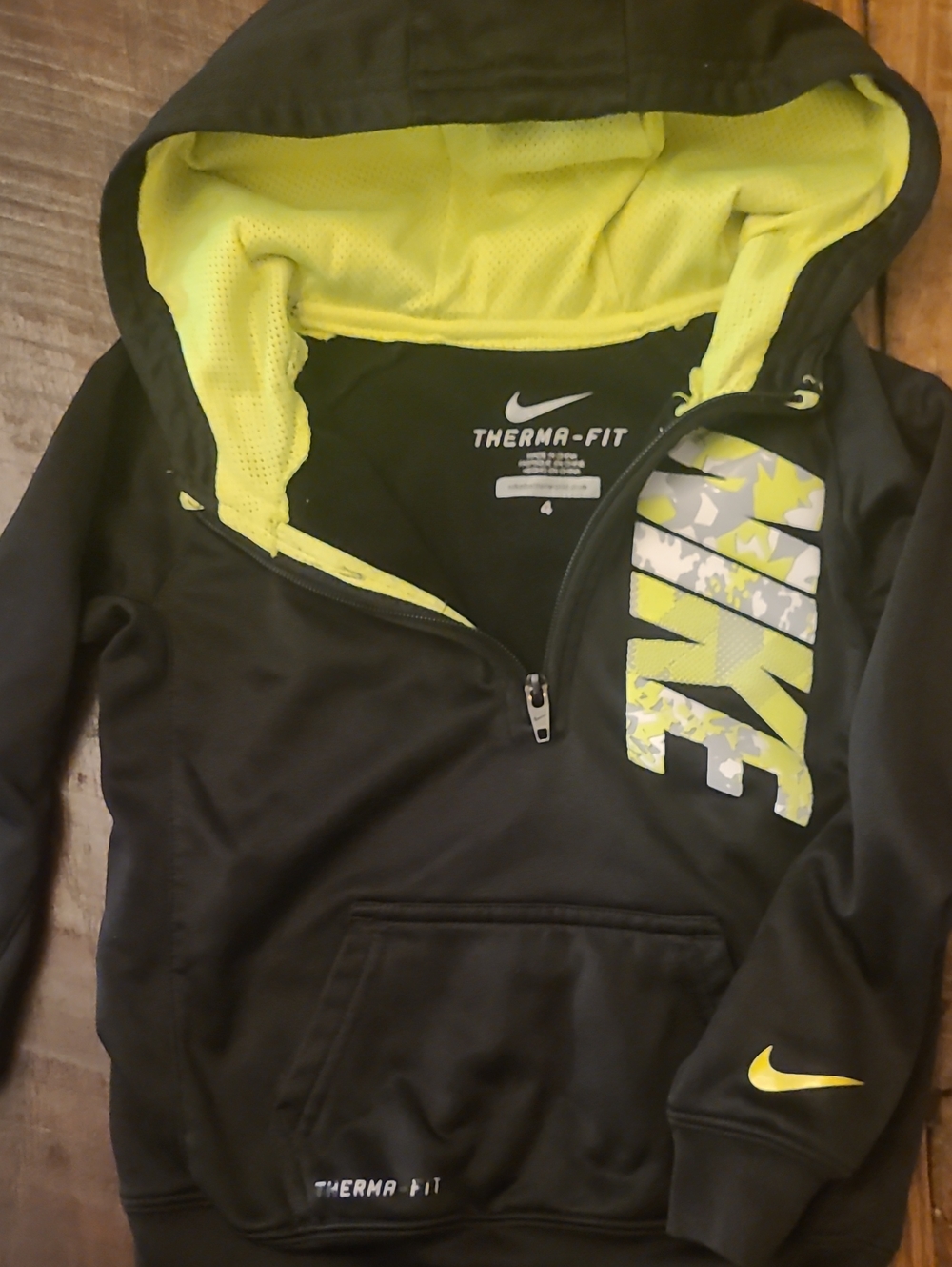 Nike Kids Black Hoodie with Neon Yellow Accent